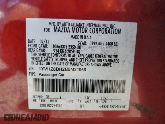 2011 Mazda 6 i Sport with VIN 1YVHZ8BH2B5M21969, listed as a Copart auction lot 63553225 with 101,461 mi miles and Salvage title. Bid and sale history available at DreamBid. Image 12.