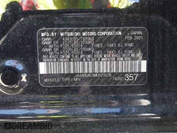 2021 Mitsubishi Outlander ES with VIN JA4ARUAU3MU023526, listed as a IAAI auction lot 42382708 with 62,372 mi miles and . Bid and sale history available at DreamBid. Image 9.