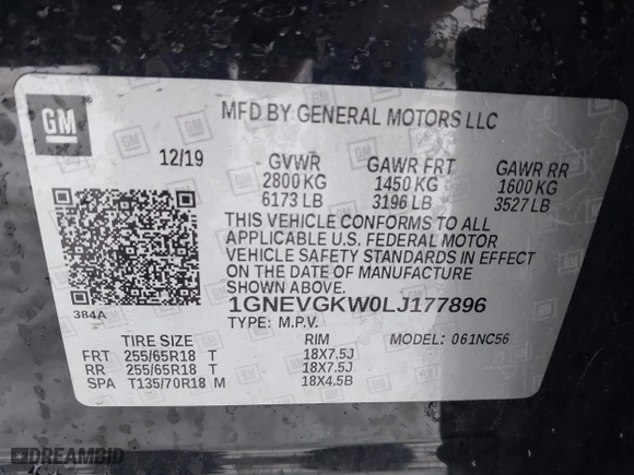 2020 Chevrolet Traverse LT Cloth with VIN 1GNEVGKW0LJ177896, listed as a IAAI auction lot 41530379 with 61,413 mi miles. Bid and sale history available at carsss.com. Image 9.