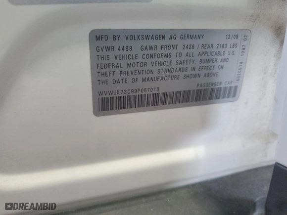 2009 Volkswagen Passat Sedan Komfort with VIN WVWJK73C99P057010, listed as a Copart auction lot 48867165 with 95,924 mi miles and Salvage Title. Bid and sale history available at carsss.com. Image 12.
