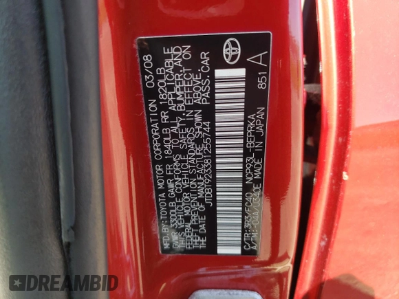 2008 Toyota Yaris with VIN JTDBT923381255744, listed as a Copart auction lot 54938105 with 80,932 mi miles and Clean Title. Bid and sale history available at carsss.com. Image 12.