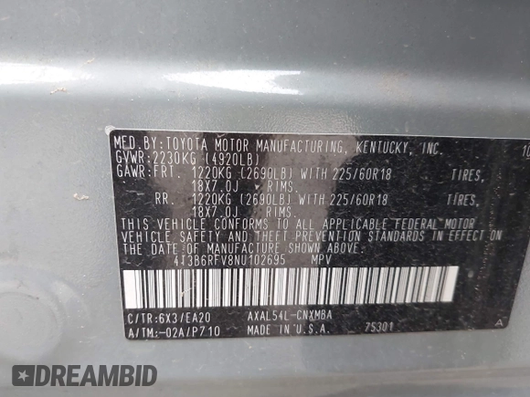 2022 Toyota RAV4 Hybrid XLE Premium with VIN 4T3B6RFV8NU102695, listed as a IAAI auction lot 42385078 with 35,614 mi miles and . Bid and sale history available at DreamBid. Image 9.
