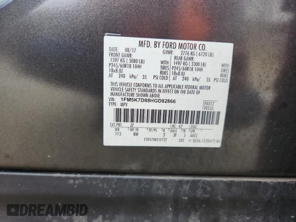 2017 Ford Explorer XLT с VIN 1FM5K7D88HGD82866, выставлен на аукционе Copart как лот 60116375 с пробегом 85 700 миль миль и Списание • Salvage title. История ставок и продаж доступна на DreamBid. Изображение 13.