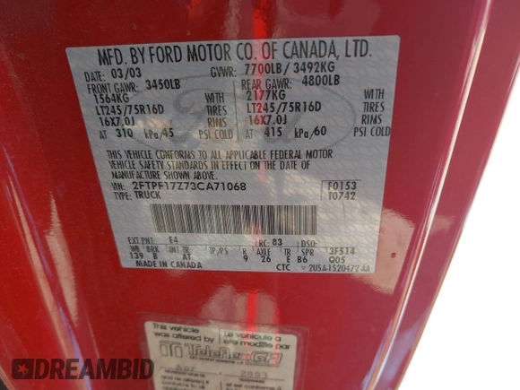 2003 Ford F-150 XL с VIN 2FTPF17Z73CA71068, выставлен на аукционе IAAI как лот 42397591 с пробегом 137 825 миль миль и . История ставок и продаж доступна на DreamBid. Изображение 9.