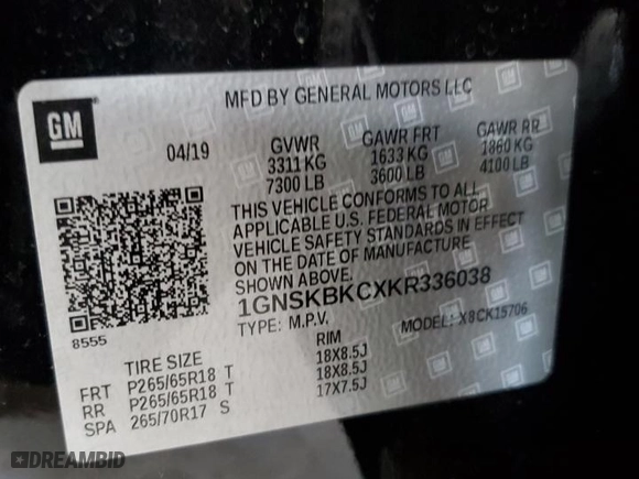2019 Chevrolet Tahoe LT with VIN 1GNSKBKCXKR336038, listed as a Copart auction lot 50979795 with 81,359 mi miles and Salvage Title. Bid and sale history available at carsss.com. Image 13.