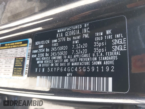 2025 Kia Telluride S with VIN 5XYP64GC4SG591192, listed as a IAAI auction lot 41758197 with 2,673 mi miles and . Bid and sale history available at DreamBid. Image 9.