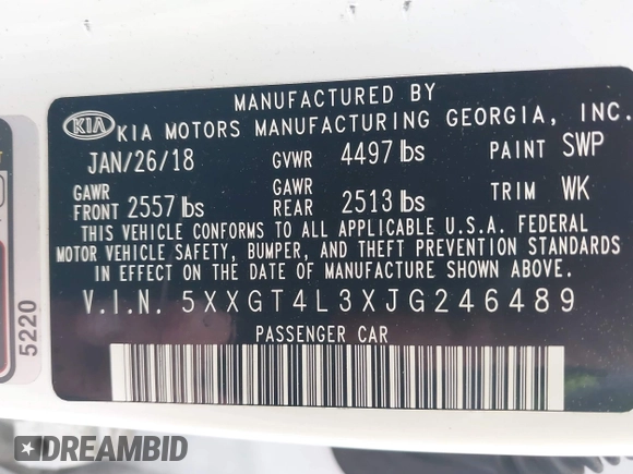 2018 Kia Optima LX z VIN 5XXGT4L3XJG246489, wystawiony jako IAAI lot #42107857 z przebiegiem 76 259 mil mil oraz . Historia ofert i sprzedaży dostępna na DreamBid. Obrazek 9.
