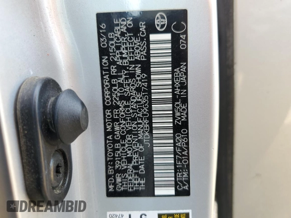 2016 Toyota Prius Two z VIN JTDKBRFU9G3517419, wystawiony jako Copart lot #53698685 z przebiegiem 182 665 mil mil oraz Szkoda całkowita • Salvage title. Historia ofert i sprzedaży dostępna na DreamBid. Obrazek 14.