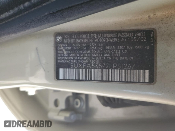 2002 BMW X5 3.0i with VIN 5UXFA53572LP51267, listed as a Copart auction lot 48763795 with 154,199 mi miles and Non Repairable. Bid and sale history available at carsss.com. Image 13.