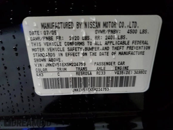 2005 Infiniti G35 with VIN JNKCV51EX5M224753, listed as a Copart auction lot 72999454 with 39,764 mi miles and Salvage Title. Bid and sale history available at DreamBid. Image 14.
