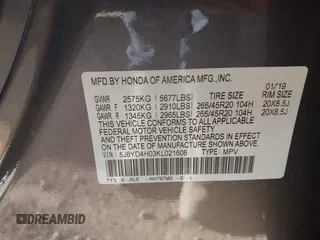 2019 Acura MDX Technology with VIN 5J8YD4H03KL021608, listed as a IAAI auction lot 41598442 with 31,017 mi miles and . Bid and sale history available at DreamBid. Image 9.