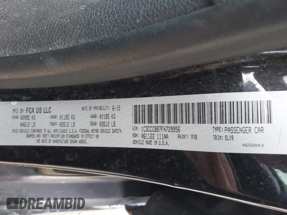 2015 Chrysler 200 S with VIN 1C3CCCBB7FN729956, listed as a IAAI auction lot 41721981 with 149,521 mi miles. Bid and sale history available at carsss.com. Image 9.