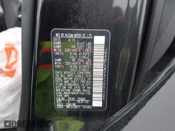 2015 Nissan Juke S with VIN JN8AF5MVXFT561730, listed as a IAAI auction lot 41497780 with 54,408 mi miles and . Bid and sale history available at carsss.com. Image 9.