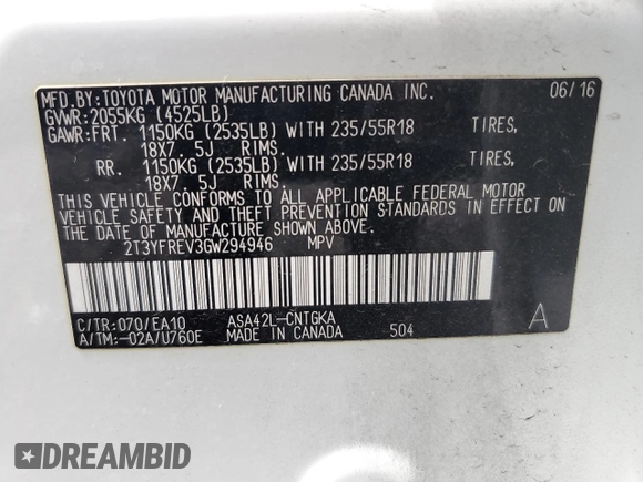 2016 Toyota RAV4 Limited with VIN 2T3YFREV3GW294946, listed as a Copart auction lot 59170375 with 52,692 mi miles and Non repairable. Bid and sale history available at DreamBid. Image 14.