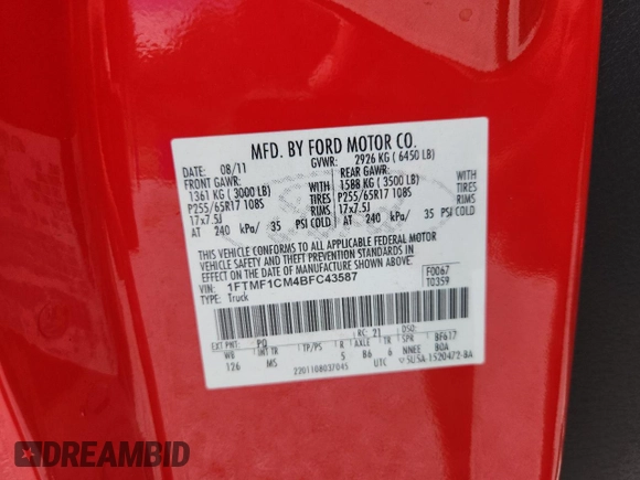 2011 Ford F-150 XL with VIN 1FTMF1CM4BFC43587, listed as a Copart auction lot 63575815 with 110,717 mi miles and Clean title. Bid and sale history available at DreamBid. Image 12.