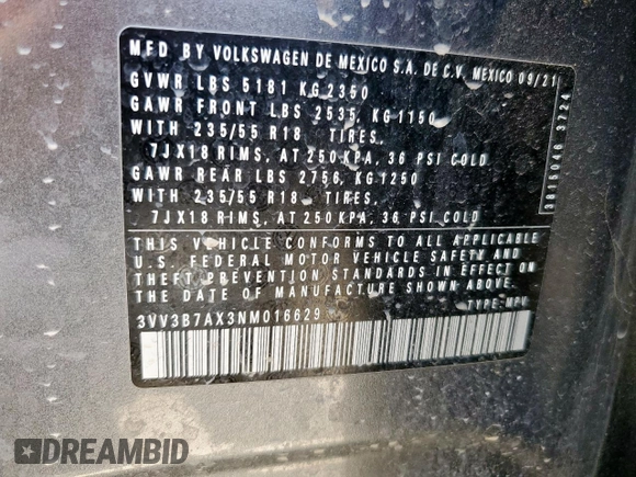 2022 Volkswagen Tiguan SE z VIN 3VV3B7AX3NM016629, wystawiony jako Copart lot #58330375 z przebiegiem 70 251 mil mil oraz Szkoda całkowita • Salvage title. Historia ofert i sprzedaży dostępna na DreamBid. Obrazek 13.