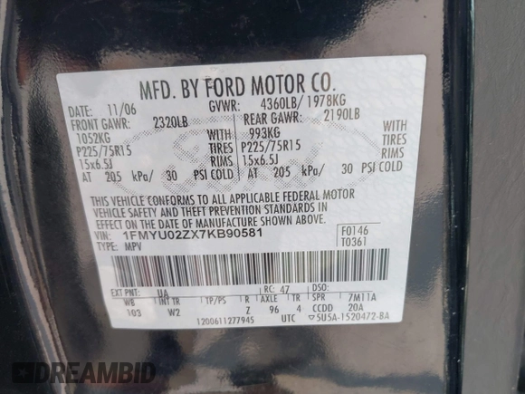2007 Ford Escape XLS with VIN 1FMYU02ZX7KB90581, listed as a IAAI auction lot 42430544 with 164,595 mi miles and . Bid and sale history available at DreamBid. Image 9.