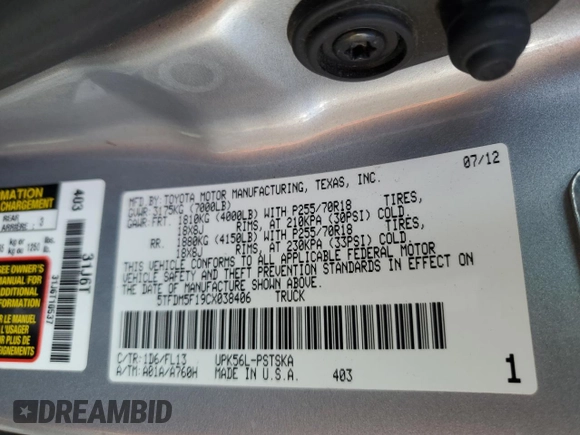 2012 Toyota Tundra 4WD Truck with VIN 5TFDM5F19CX038406, listed as a Copart auction lot 83487414 with 0 mi miles and Salvage Title. Bid and sale history available at carsss.com. Image 13.