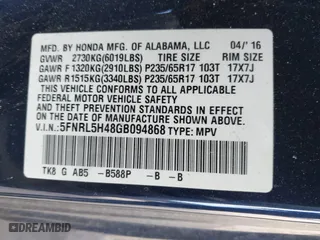 2016 Honda Odyssey EX with VIN 5FNRL5H48GB094868, listed as a IAAI auction lot 41449554 with 63,166 mi miles. Bid and sale history available at carsss.com. Image 9.