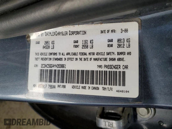 2000 Chrysler LHS z VIN 2C3HC56G4YH359861, wystawiony jako Copart lot #81348894 z przebiegiem 245 047 mil mil oraz Szkoda całkowita • Salvage title. Historia ofert i sprzedaży dostępna na DreamBid. Obrazek 12.