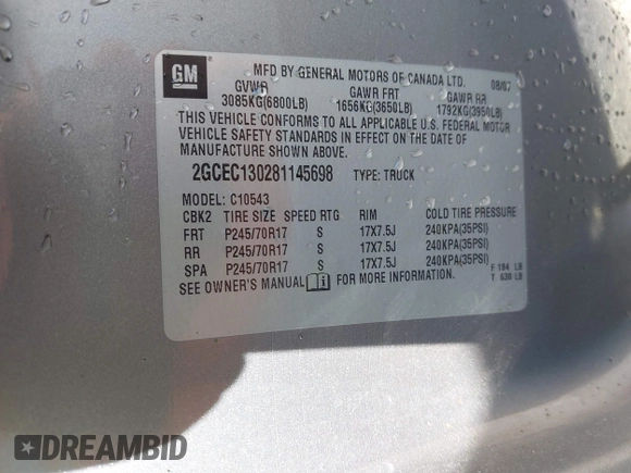 2008 Chevrolet Silverado 1500 1LT with VIN 2GCEC130281145698, listed as a IAAI auction lot 41883409 with 235,900 mi miles and . Bid and sale history available at DreamBid. Image 9.