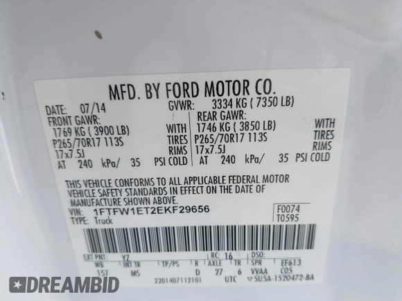 2014 Ford F-150 XL with VIN 1FTFW1ET2EKF29656, listed as a IAAI auction lot 41858484 with 178,778 mi miles and . Bid and sale history available at DreamBid. Image 9.