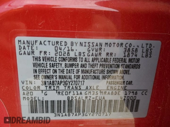 2016 Nissan Sentra SR with VIN 3N1AB7AP3GY270717, listed as a Copart auction lot 54581265 with 88,149 mi miles and Salvage Title. Bid and sale history available at DreamBid. Image 13.