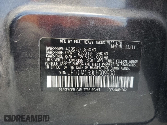 2012 Subaru Impreza Premium z VIN JF1GJAC69CH009938, wystawiony jako Copart lot #56965315 z przebiegiem 136 668 mil mil oraz Szkoda całkowita • Salvage title. Historia ofert i sprzedaży dostępna na DreamBid. Obrazek 13.
