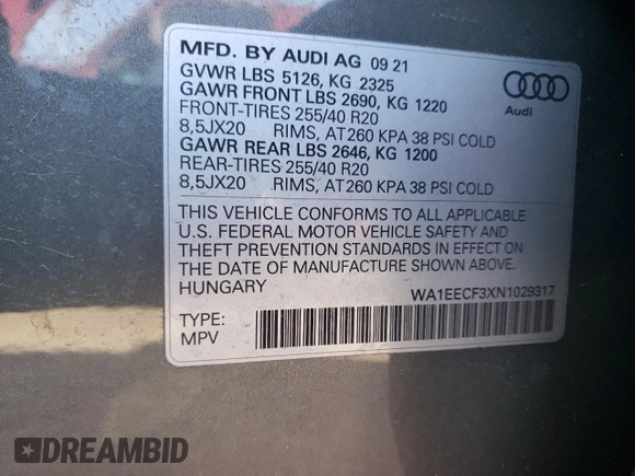 2022 Audi Q3 S line Premium Plus with VIN WA1EECF3XN1029317, listed as a Copart auction lot 43882063 with 24,143 mi miles. Bid and sale history available at carsss.com. Image 14.
