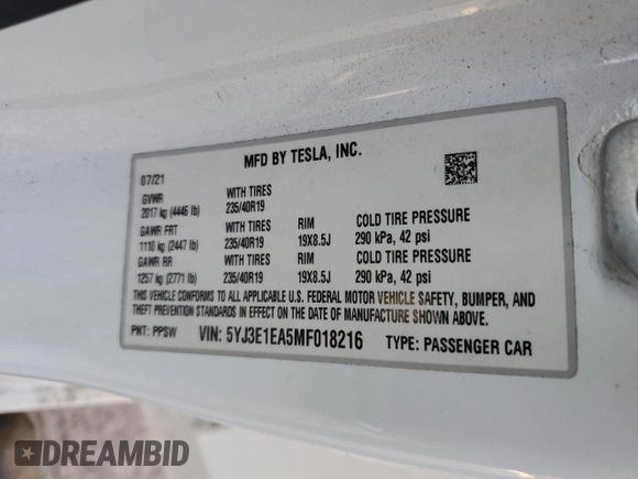 2021 Tesla Model 3 Standard Range Plus z VIN 5YJ3E1EA5MF018216, wystawiony jako Copart lot #52007385 z przebiegiem 49 711 mil mil oraz Szkoda całkowita • Salvage title. Historia ofert i sprzedaży dostępna na DreamBid. Obrazek 14.
