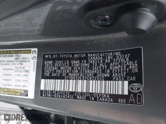 2007 Toyota Corolla CE with VIN 2T1BR32EX7C822555, listed as a IAAI auction lot 41490416 with 248,334 mi miles and . Bid and sale history available at DreamBid. Image 9.