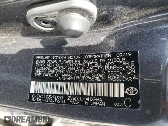 2020 Toyota Prius L Eco z VIN JTDKARFU9L3105675, wystawiony jako Copart lot #54587165 z przebiegiem 130 560 mil mil oraz Szkoda całkowita • Salvage title. Historia ofert i sprzedaży dostępna na DreamBid. Obrazek 13.