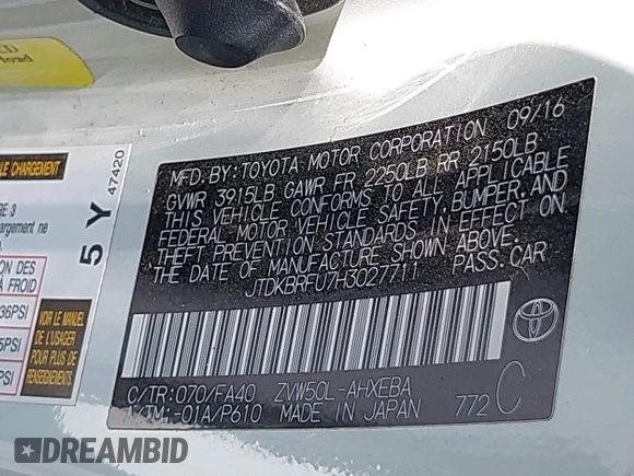 2017 Toyota Prius Two with VIN JTDKBRFU7H3027711, listed as a IAAI auction lot 42308949 with 178,858 mi miles and . Bid and sale history available at DreamBid. Image 9.