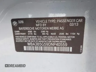 2013 BMW 3 Series 328i xDrive with VIN WBA3B5G59DNP40559, listed as a IAAI auction lot 41664963 with 97,103 mi miles. Bid and sale history available at carsss.com. Image 9.