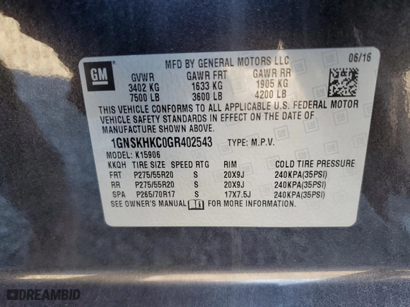 2016 Chevrolet Suburban LT with VIN 1GNSKHKC0GR402543, listed as a Copart auction lot 46505095 with 149,223 mi miles and Salvage Title. Bid and sale history available at carsss.com. Image 14.