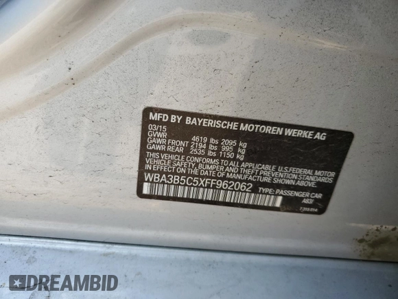 2015 BMW 3 Series 328i xDrive with VIN WBA3B5C5XFF962062, listed as a Copart auction lot 43183655 with 61,542 mi miles and Salvage Title. Bid and sale history available at carsss.com. Image 12.