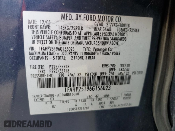 2006 Ford Five Hundred Limited with VIN 1FAHP25196G156023, listed as a Copart auction lot 55138425 with 282,528 mi miles and Salvage title. Bid and sale history available at DreamBid. Image 12.