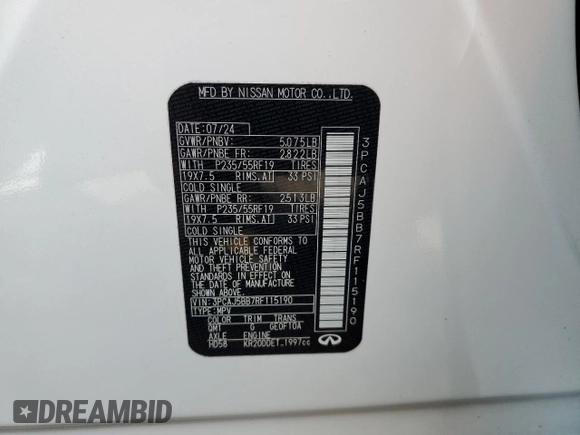 2024 Infiniti QX50 Luxe with VIN 3PCAJ5BB7RF115190, listed as a Copart auction lot 58425035 with 10,637 mi miles and Salvage title. Bid and sale history available at DreamBid. Image 13.