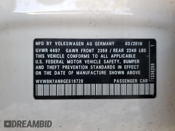 2016 Volkswagen CC Sport with VIN WVWBN7AN6GE516728, listed as a Copart auction lot 61327174 with 75,276 mi miles and Salvage Title. Bid and sale history available at carsss.com. Image 12.