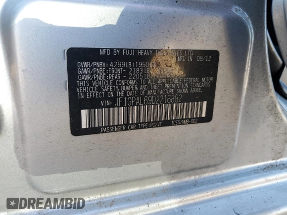 2013 Subaru Impreza Special Sports Premium with VIN JF1GPAL69D2216882, listed as a Copart auction lot 63688695 with 123,612 mi miles and Salvage title. Bid and sale history available at DreamBid. Image 12.