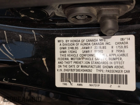 2014 Honda Civic Sedan LX with VIN 2HGFB2F5XEH544092, listed as a IAAI auction lot 41797824 with 73,079 mi miles. Bid and sale history available at carsss.com. Image 9.
