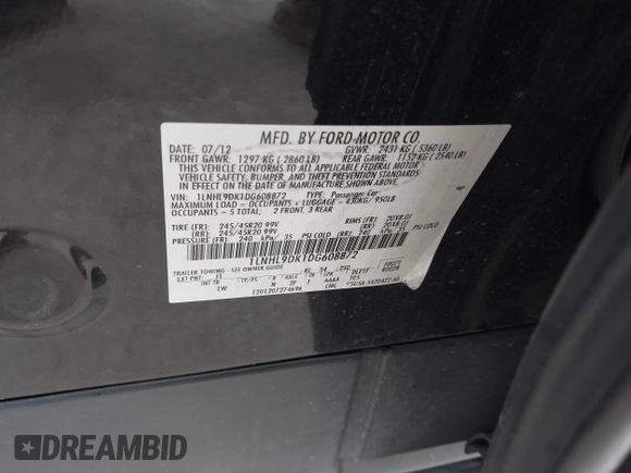 2013 Lincoln MKS with VIN 1LNHL9DK1DG608872, listed as a IAAI auction lot 42672243 with 175,935 mi miles and . Bid and sale history available at DreamBid. Image 9.