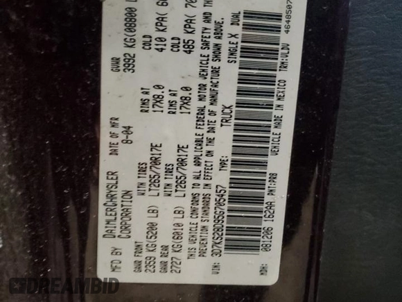 2005 Dodge 2500 SLT z VIN 3D7KS28D95G705457, wystawiony jako Copart lot #47731045 z przebiegiem 124 560 mil mil oraz Szkoda całkowita • Salvage title. Historia ofert i sprzedaży dostępna na DreamBid. Obrazek 12.