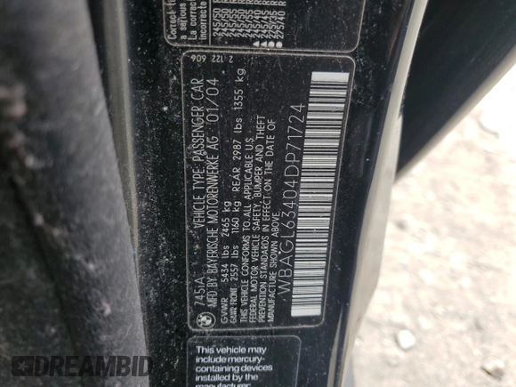 2004 BMW 7 Series 745i with VIN WBAGL63404DP71724, listed as a Copart auction lot 52178015 with Not Provided miles and Clean Title. Bid and sale history available at DreamBid. Image 12.
