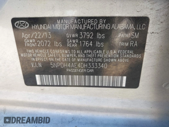 2013 Hyundai Elantra GLS z VIN 5NPDH4AE4DH333340, wystawiony jako IAAI lot #42068261 z przebiegiem 122 863 mil mil oraz . Historia ofert i sprzedaży dostępna na DreamBid. Obrazek 9.