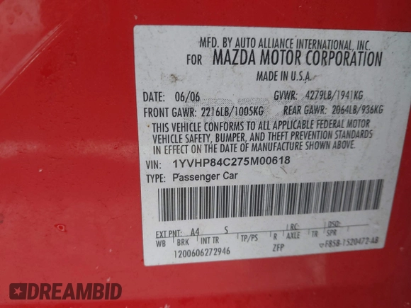 2007 Mazda 6 i Sport VE with VIN 1YVHP84C275M00618, listed as a IAAI auction lot 41611274 with 153,691 mi miles and . Bid and sale history available at DreamBid. Image 9.