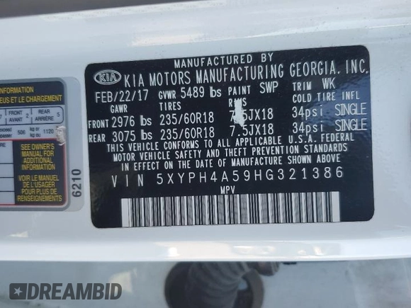 2017 Kia Sorento EX V6 with VIN 5XYPH4A59HG321386, listed as a Copart auction lot 58059574 with 92,235 mi miles and Salvage Title. Bid and sale history available at carsss.com. Image 12.