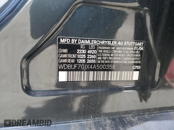 2004 Mercedes-Benz E-Class 5.0L with VIN WDBUF70JX4A500358, listed as a Copart auction lot 45217135 with 0 mi miles and Salvage Title. Bid and sale history available at carsss.com. Image 13.