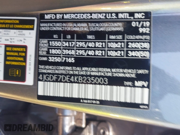 2019 Mercedes-Benz GLS 550 с VIN 4JGDF7DE4KB235003, выставлен на аукционе IAAI как лот 42286592 с пробегом 106 367 миль миль и . История ставок и продаж доступна на DreamBid. Изображение 9.