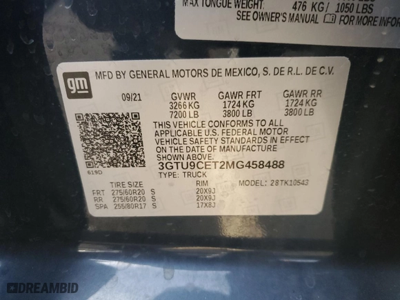 2021 GMC Sierra 1500 Elevation with VIN 3GTU9CET2MG458488, listed as a Copart auction lot 84654464 with 50,415 mi miles and Salvage Title. Bid and sale history available at carsss.com. Image 14.